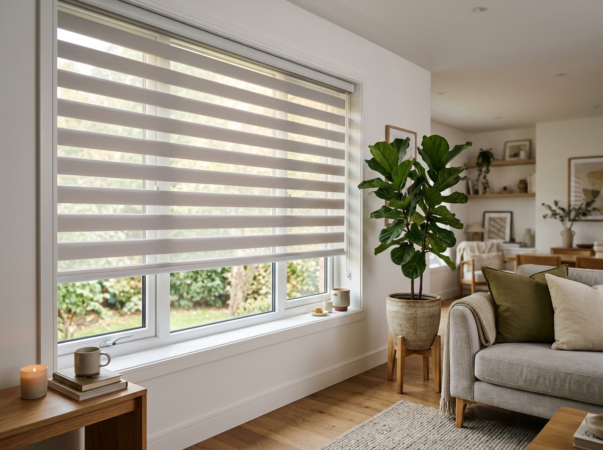 Dual-layer zebra blinds with alternating sheer and opaque fabric bands