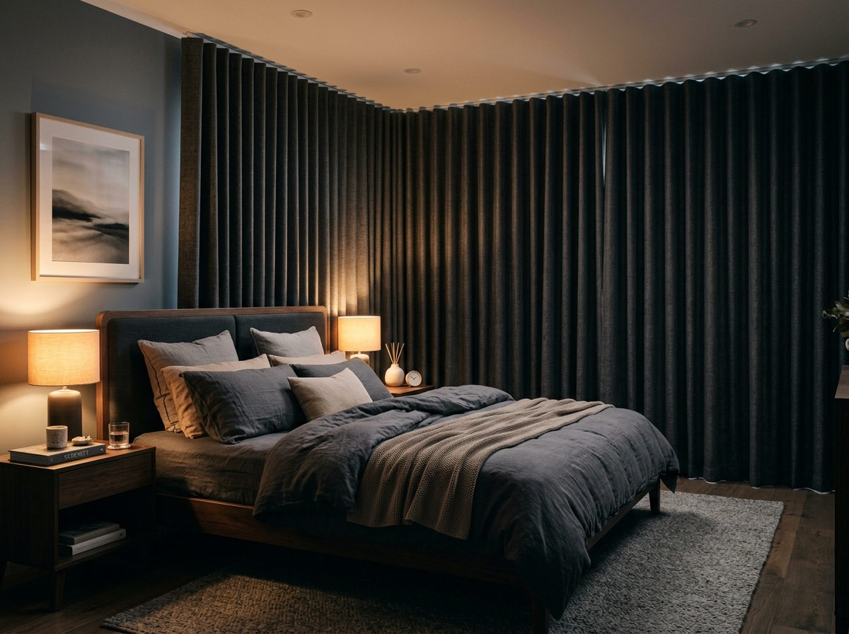 Dense blackout curtains providing complete darkness and thermal insulation
