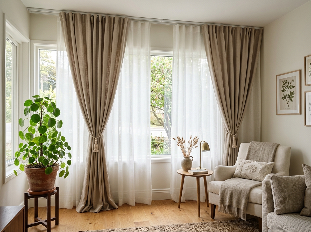 Double track layered curtains with sheer inner and textured drapery outer