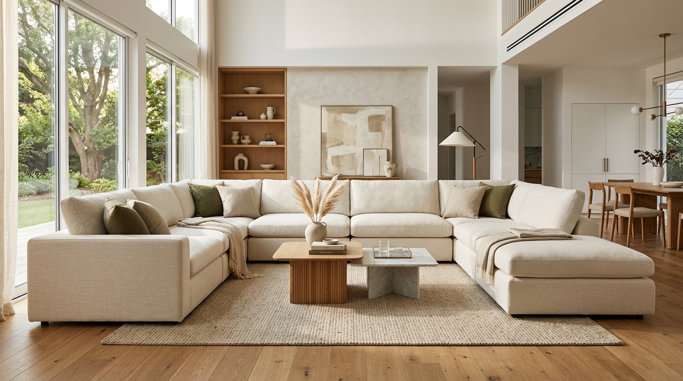Modular sofa configuration layout in modern light-filled living room