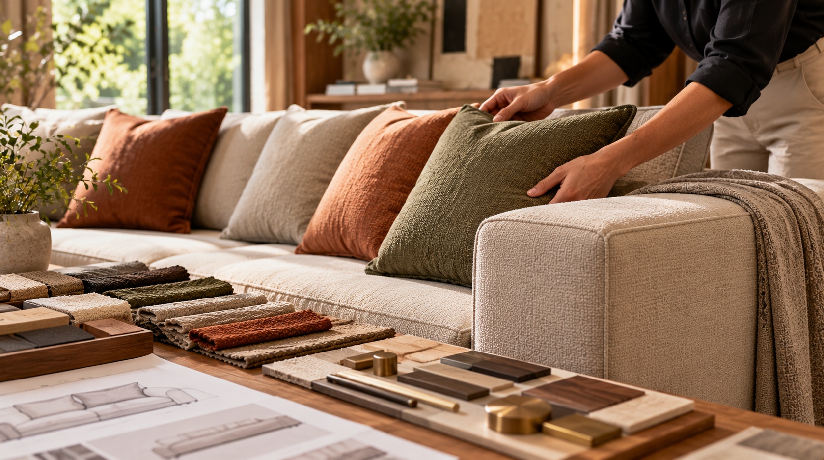 Detailed upholstery stitching, piping, and throw cushions on sofa