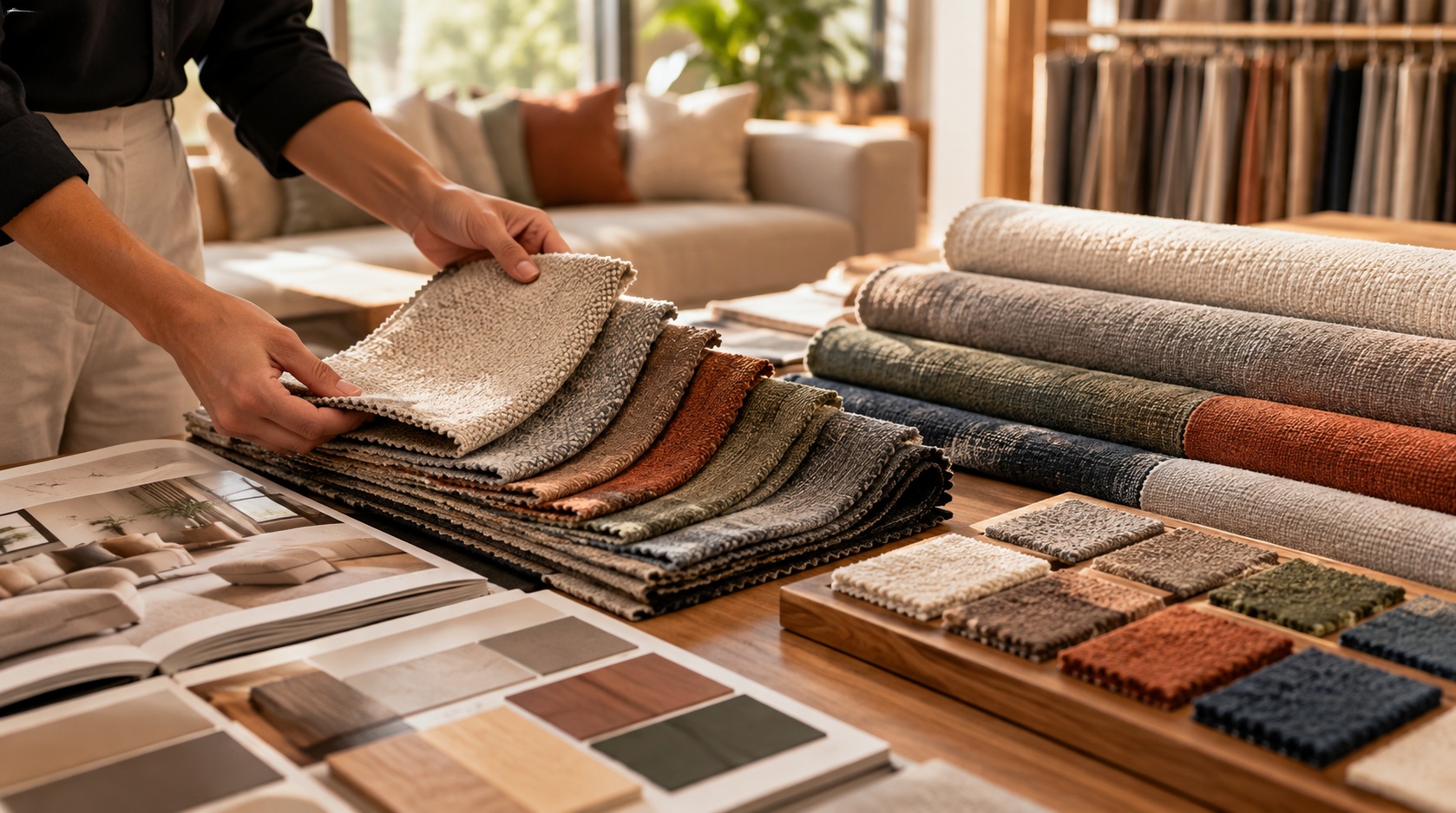 Hands selecting upholstery fabric swatches and material textures for sofa customisation