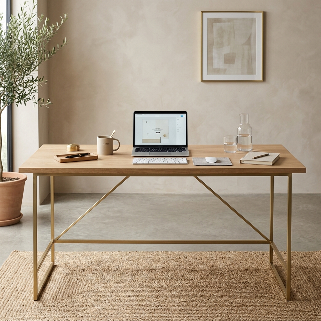 Modern work desk with oak top and brass frame in a bright home office setting