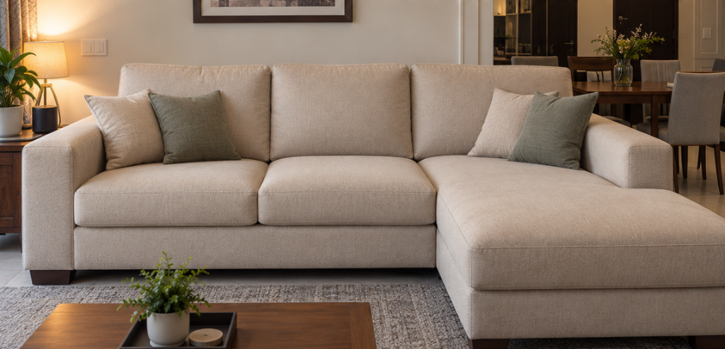 Restored L-shaped sectional sofa after reupholstery with neutral tailored fabric