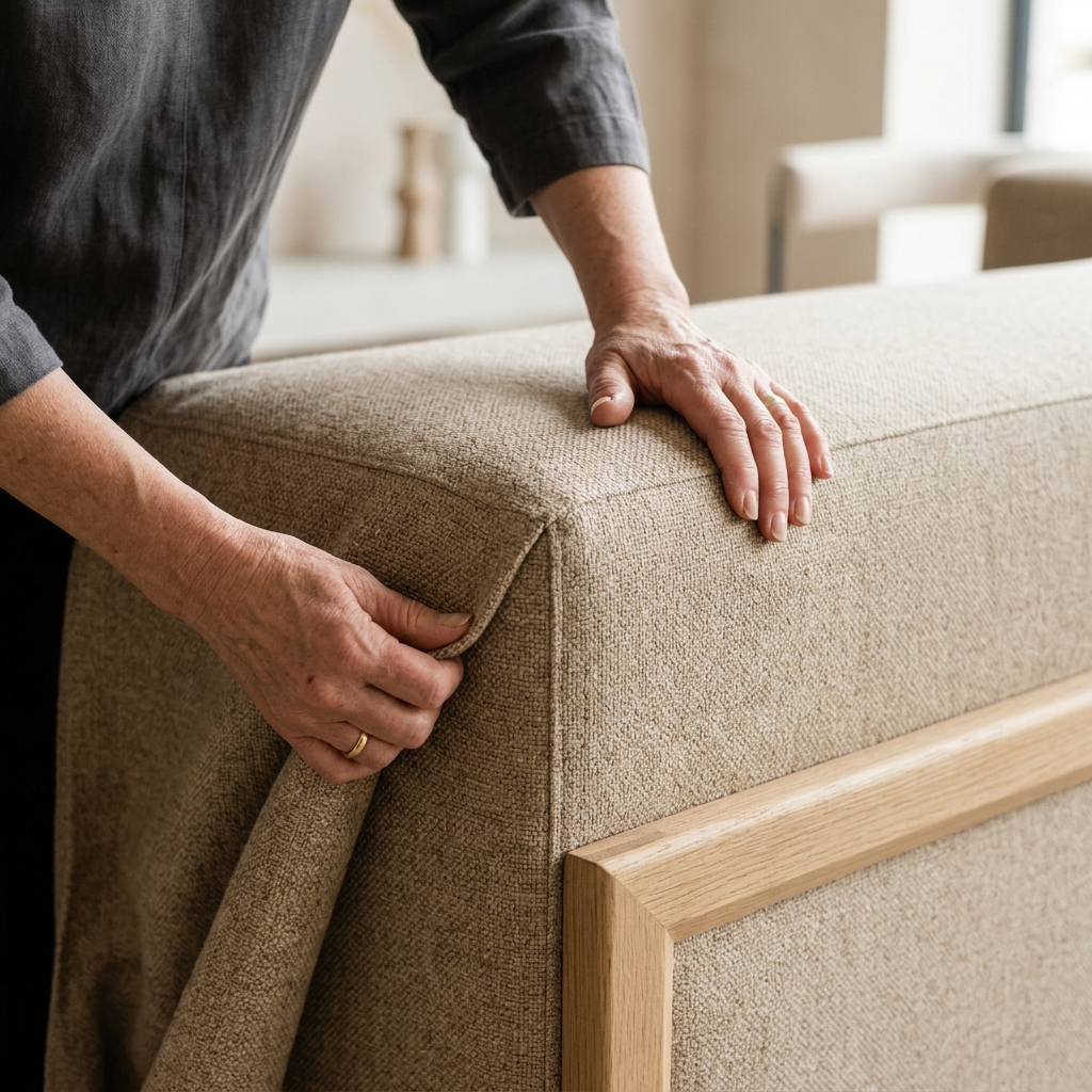 Craftsman fitting new upholstery fabric over a sofa frame