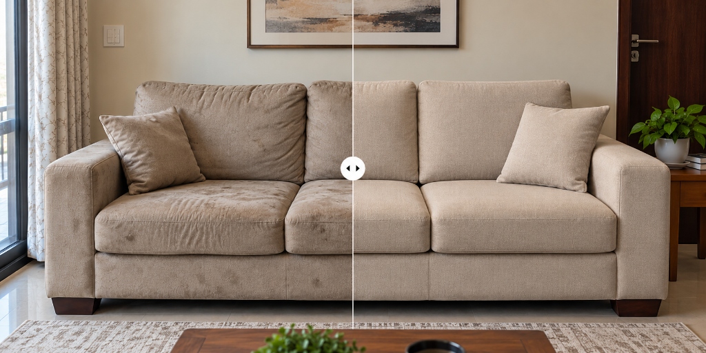 Before and after transformation of a sofa reupholstery renewal