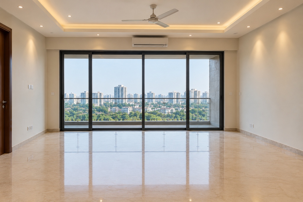 Empty living room with large balcony windows before furniture and styling